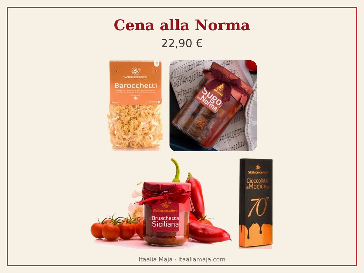 BELLINI box contents: barocchetti pasta, Norma sauce, bruschetta spread, Modica chocolate